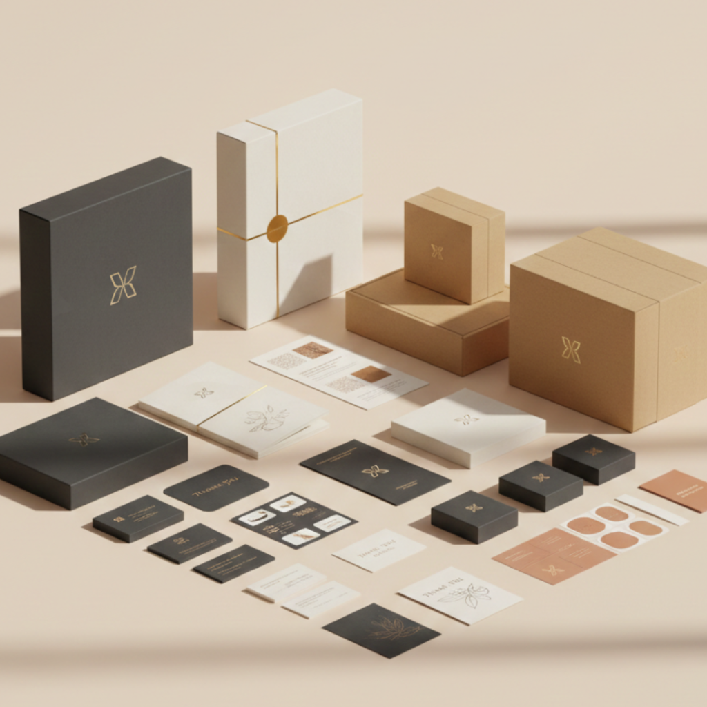 Minimal corporate-style hero image featuring elegant packaging mockups and high-quality printed materials arranged on a soft neutral background with clean composition and subtle shadows.