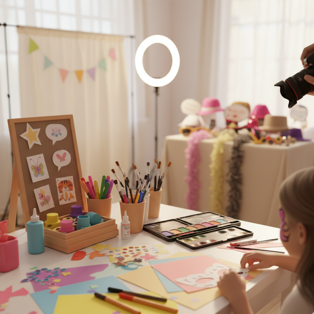 Realistic event setup featuring a kids’ crafting table with art supplies, a face‑painting station with brushes and design samples, and a small photo booth with props and lighting, including partial human presence such as hands assisting children or adjusting equipment.