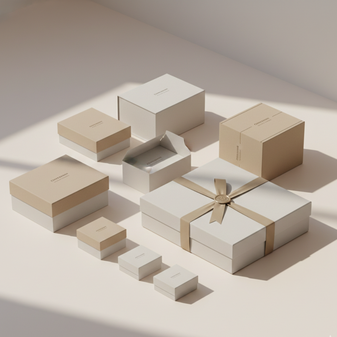 Minimal corporate-style display of premium gift boxes, rigid boxes, and mailer packaging arranged on a neutral background.
