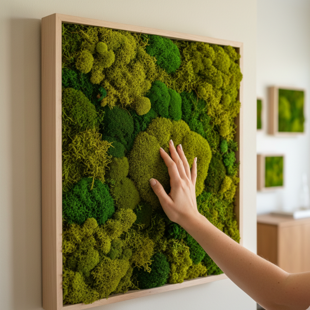 Close‑up or styled wall scene featuring preserved moss frames with natural textures and soft lighting, including a hand touching or installing the moss panel.