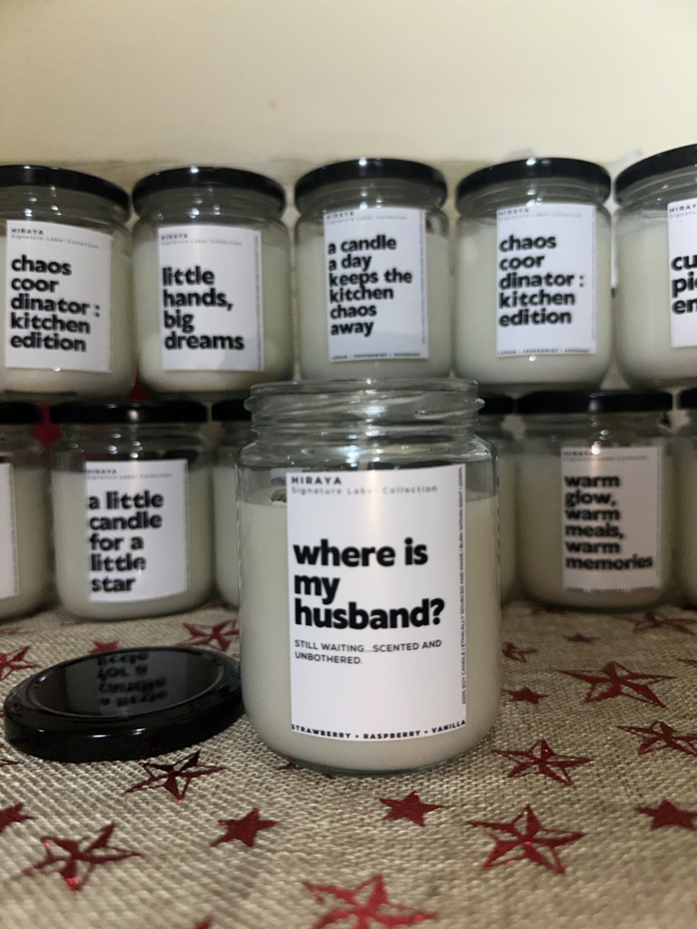 “Custom candle with personalized label designed by Hiraya Home & Scents Co., presented in a clean, elegant layout.”