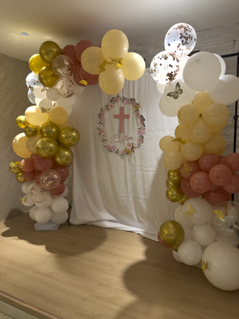 “Christening celebration designed by Hiraya featuring soft tones, delicate décor, and cohesive event styling.”