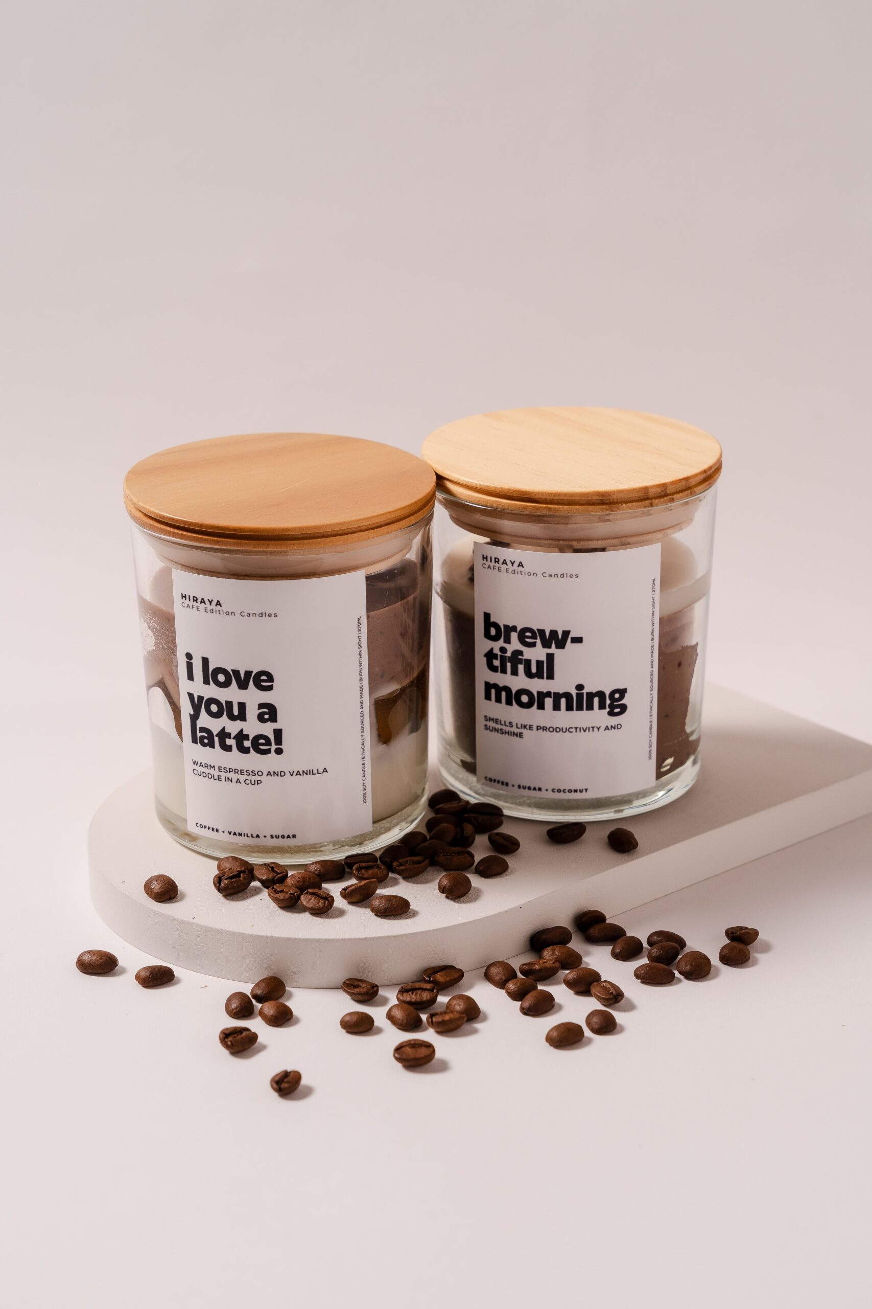 Café Collection featuring two hand‑poured soy candles inspired by coffee blends with the wiiden lid