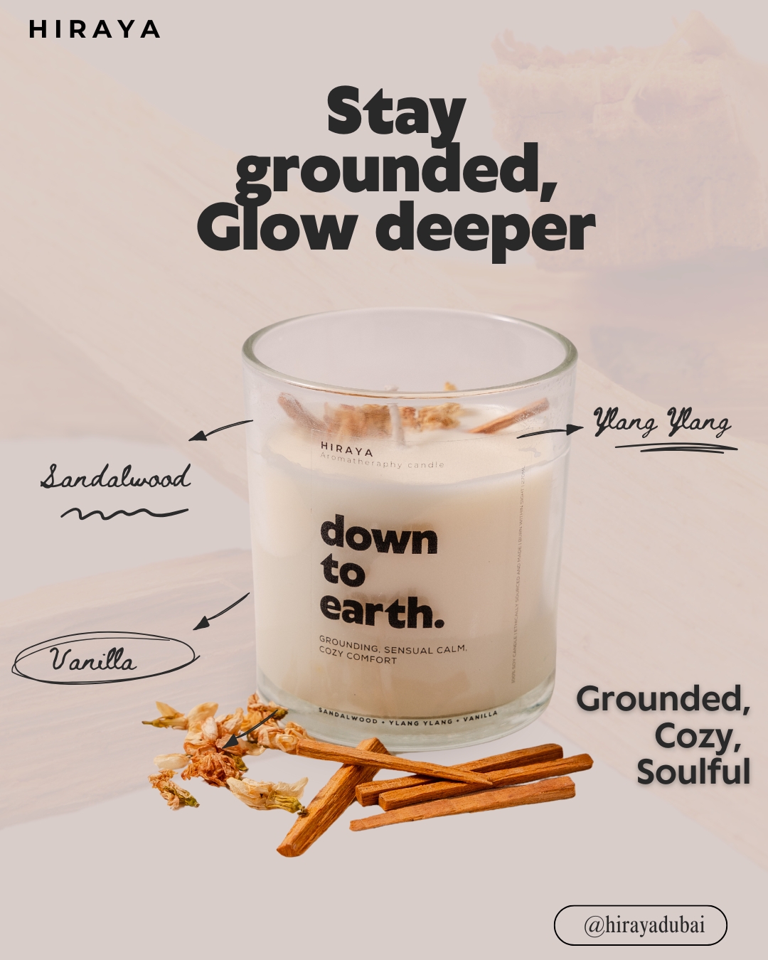 Ingredients graphic showing sandalwood, ylang‑ylang, and vanilla blend for a warm, grounding candle