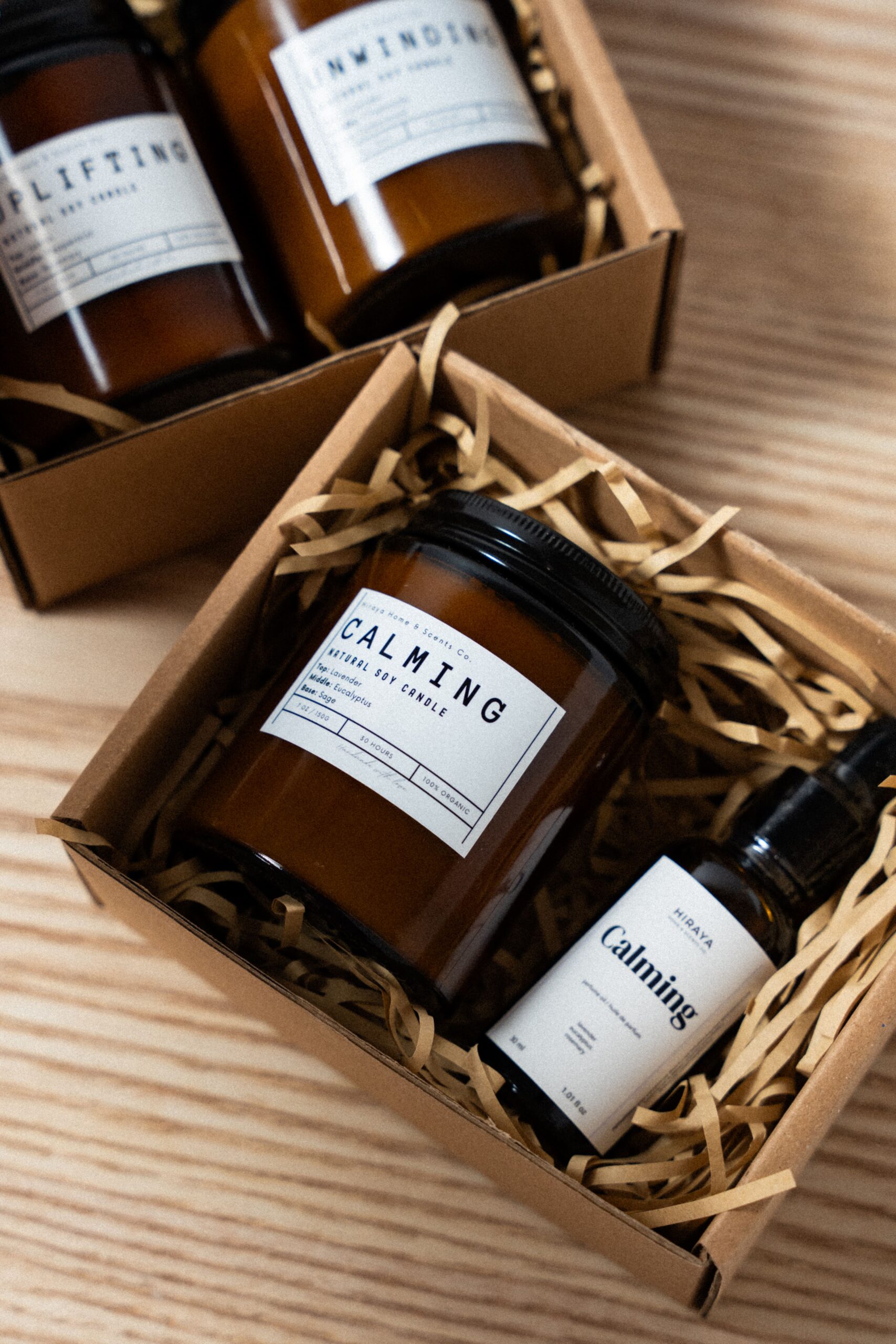 Calming candle 150ML jar with 30ML calming fragrance oil on kraft giftset