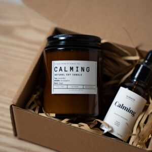 Calming candle 150ML jar with 30ML calming fragrance oil on kraft box