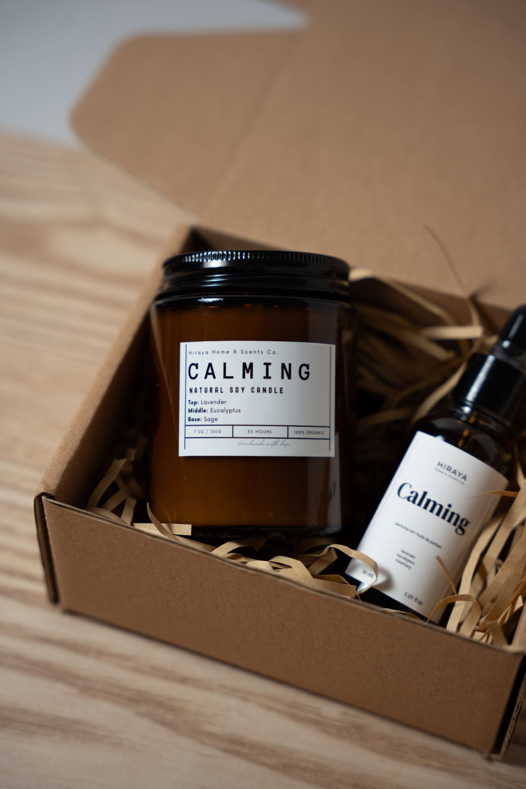 Calming candle 150ML jar with 30ML calming fragrance oil on kraft box