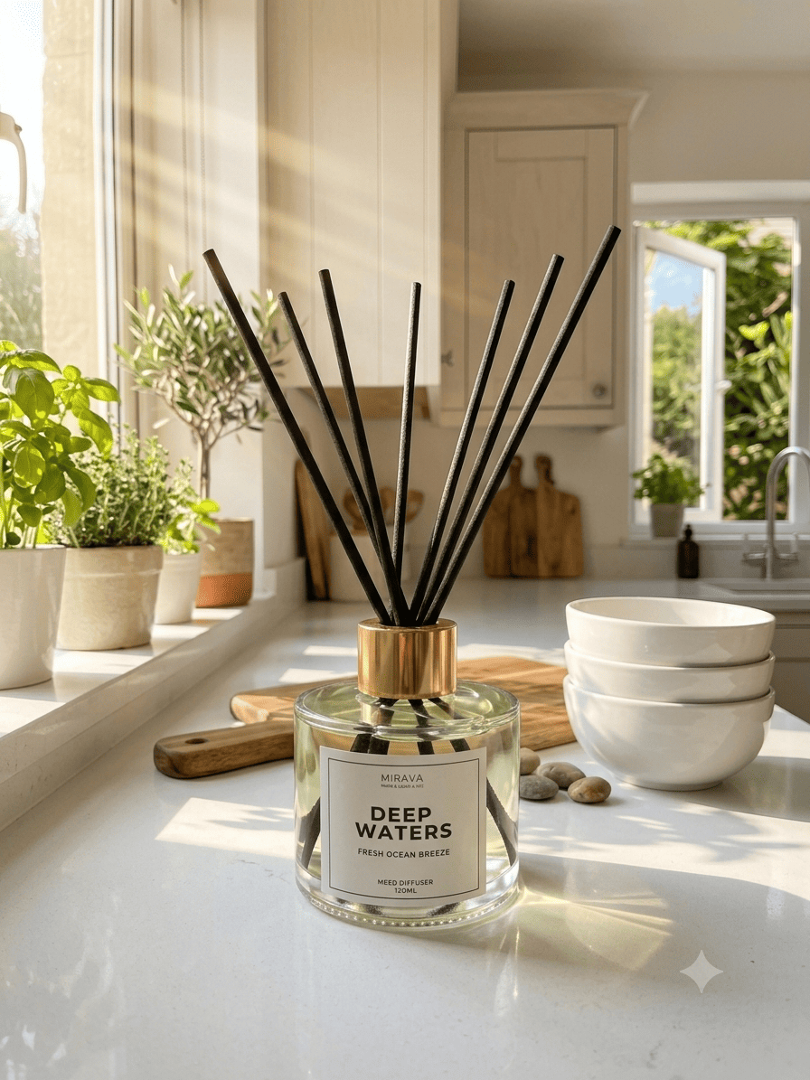 deep waters reed diffuser in kitchen lifestyle set up