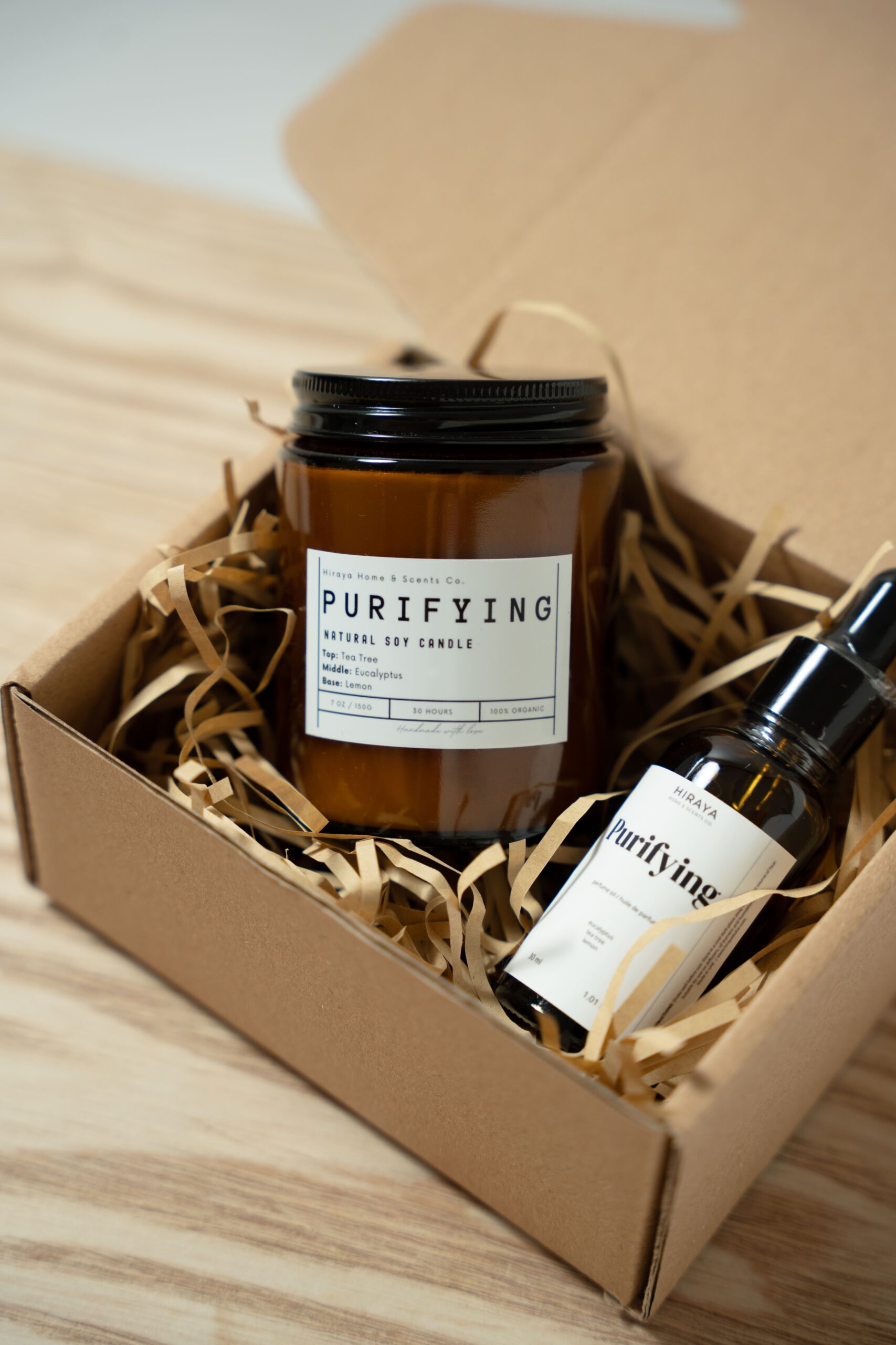 Purifying candle and fragrance oil giftset inkraft box