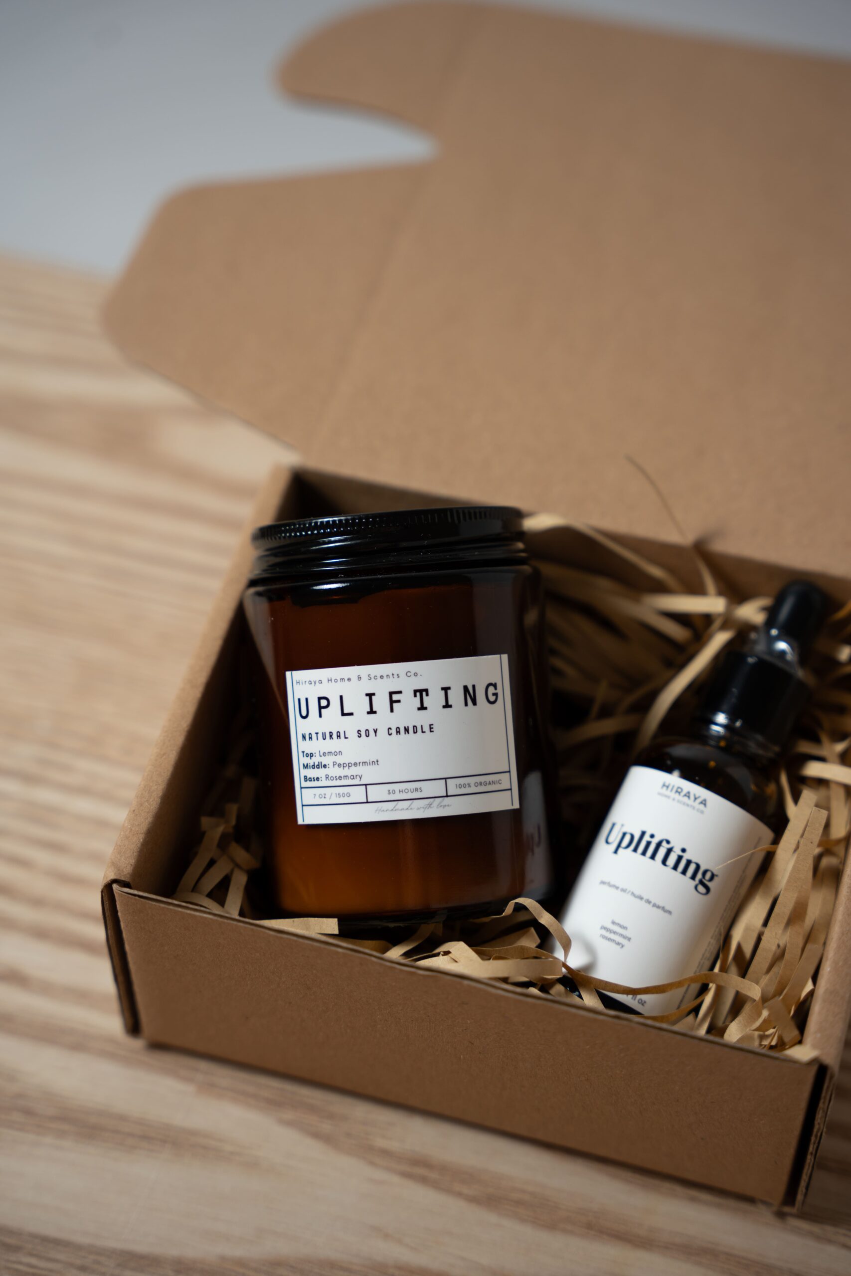 Uplifting candle and fragrance oil giftset in kraft box