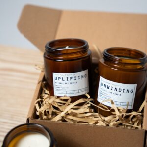 Uplifting + Unwinding aromatheraphy candle in kraft gift box