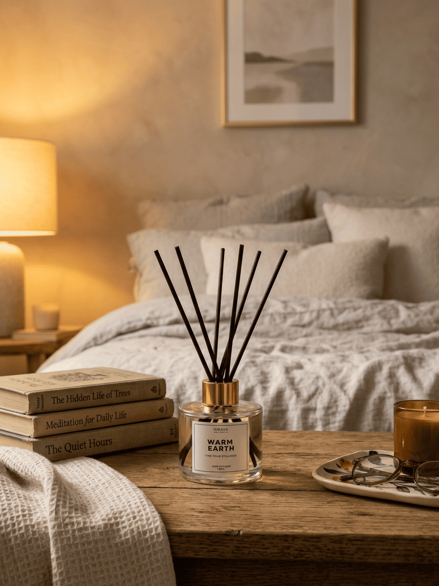 warm earth reed diffuser in bedroom lifestyle shot