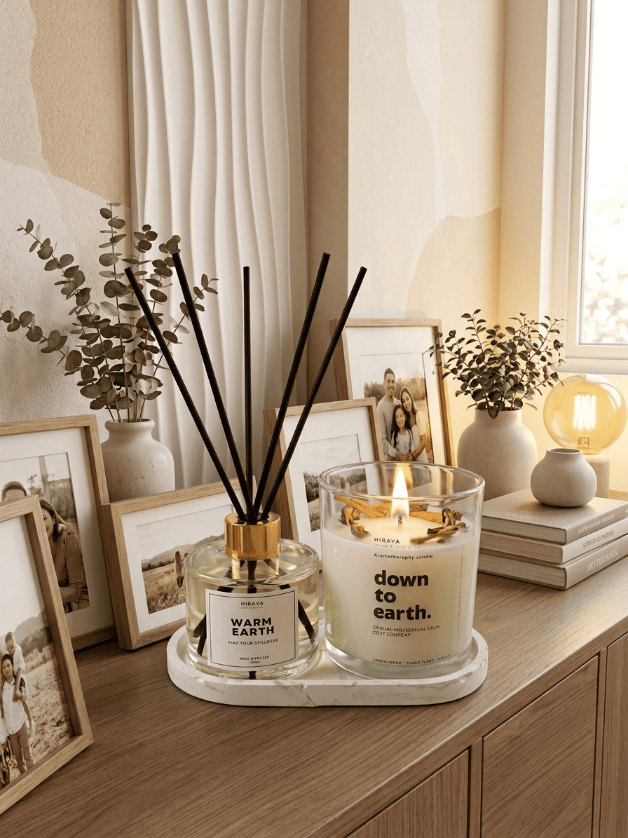 warm earth reed diffuser and down to earth aromatheraphy candle in a lifestyle shot