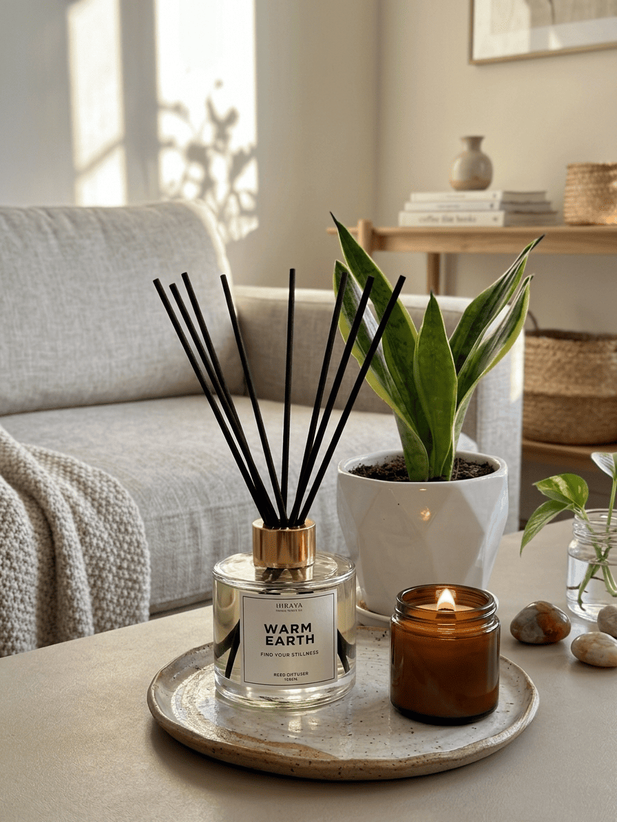 warm earth reed diffuser and aromatheraphy candle on table top lifestyle shot