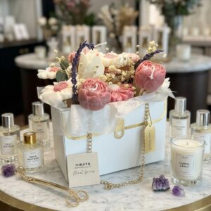 Dozen Candle Bouquet pink color theme in white box with chain