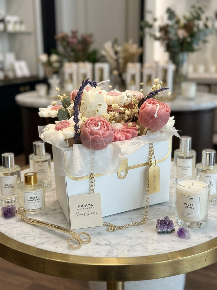 Dozen Candle Bouquet pink color theme in white box with chain